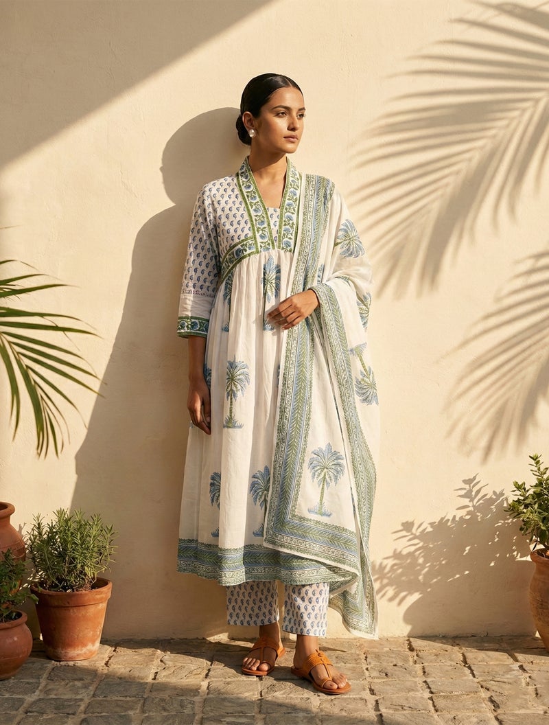 trueBrowns White Blue Printed Anarkali Kurta Pant Dupatta Set - Image 1